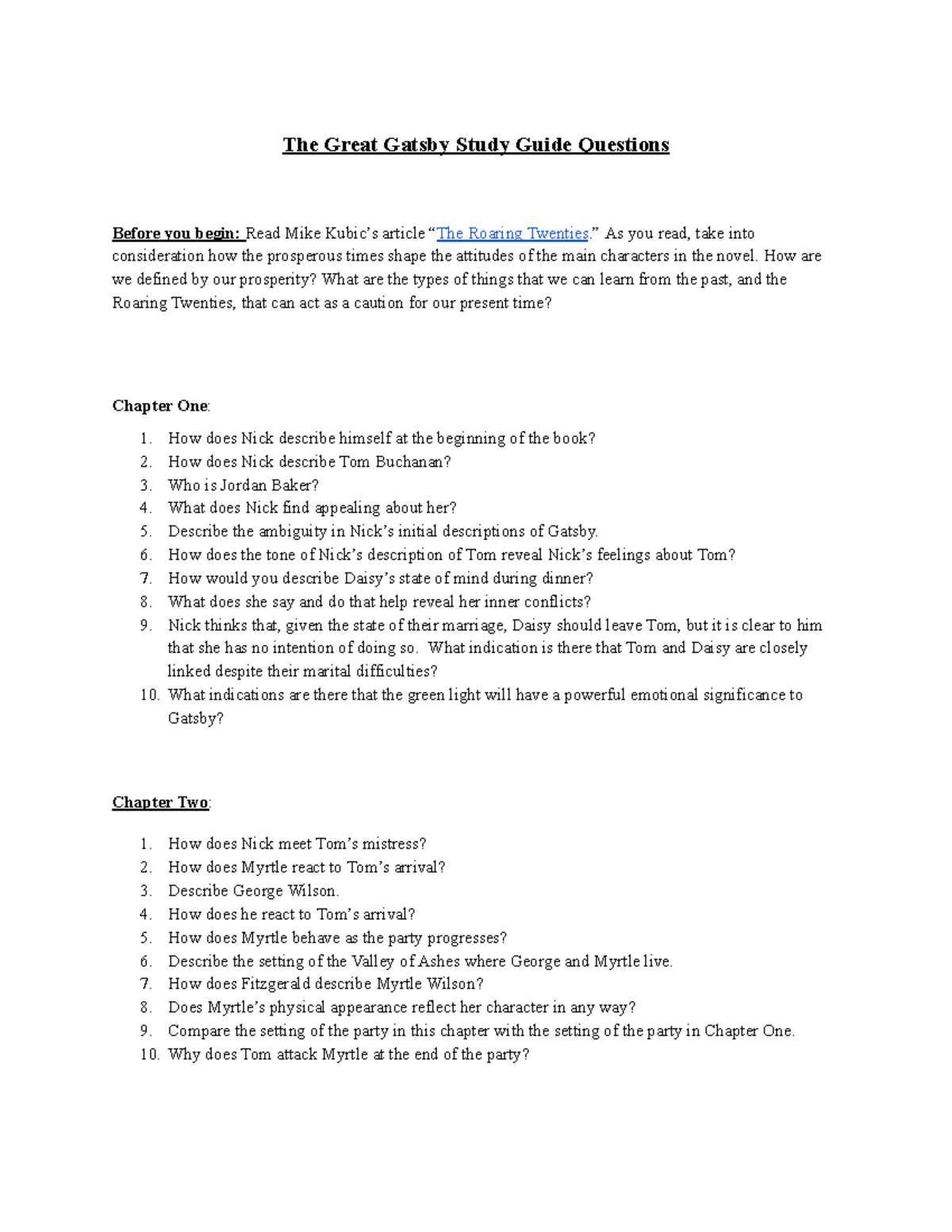 The Great Gatsby Study Guide Questions - ” As you read, take into ...