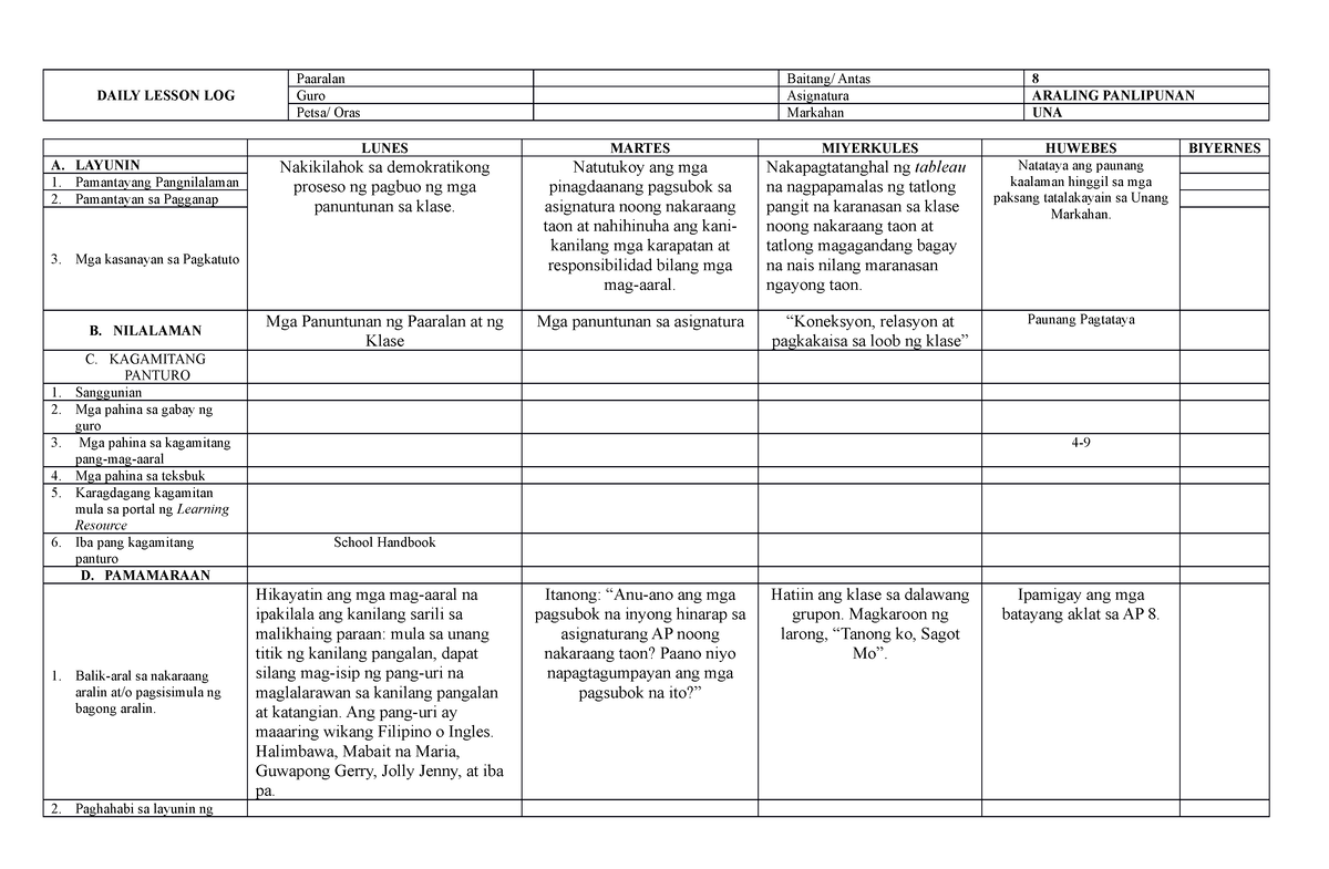 Ap G8 Dll 1st To 4th Daily Lesson Log Paaralan Baitang Antas 8 Guro Asignatura Araling 0745