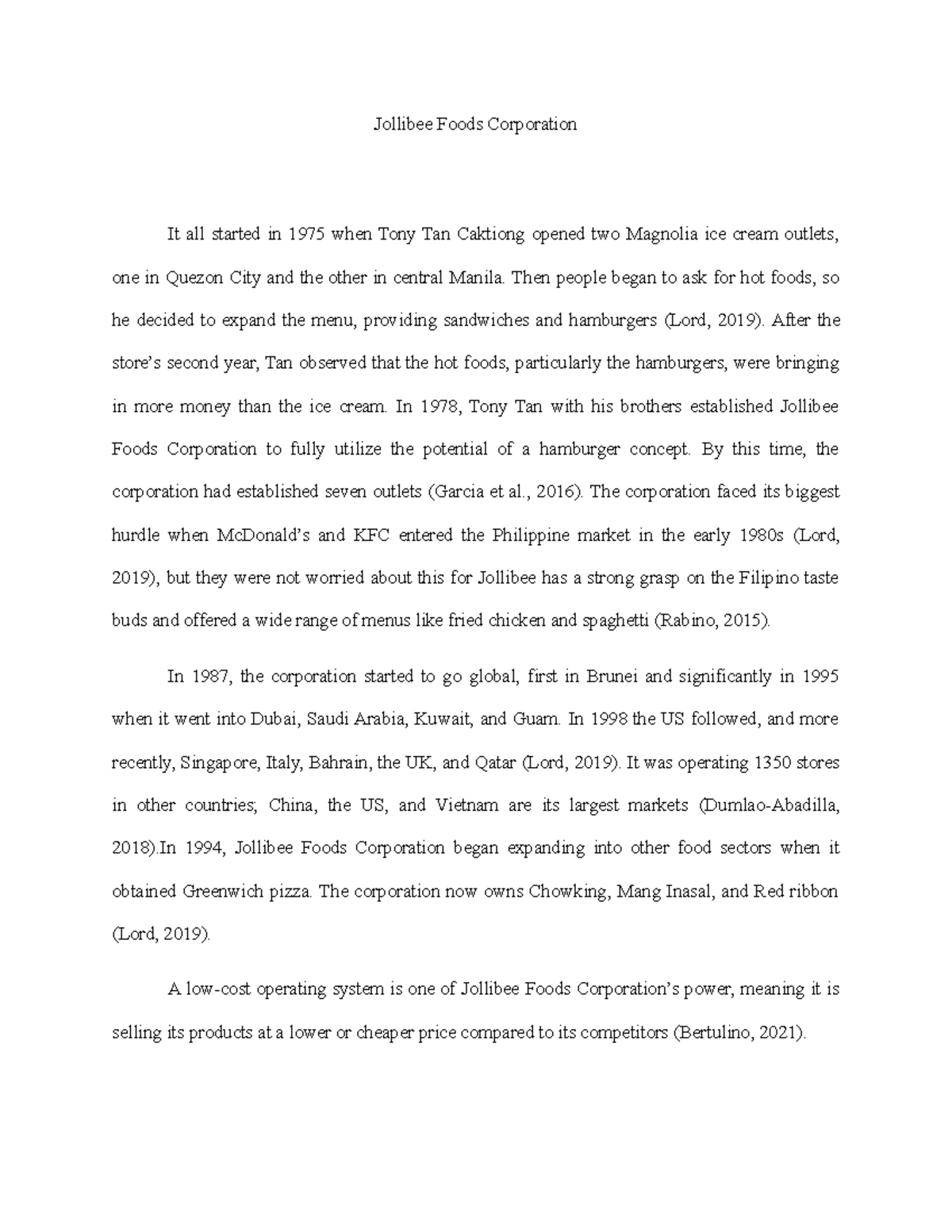 M1 ILA2 A short background on the history of Jollibee Food