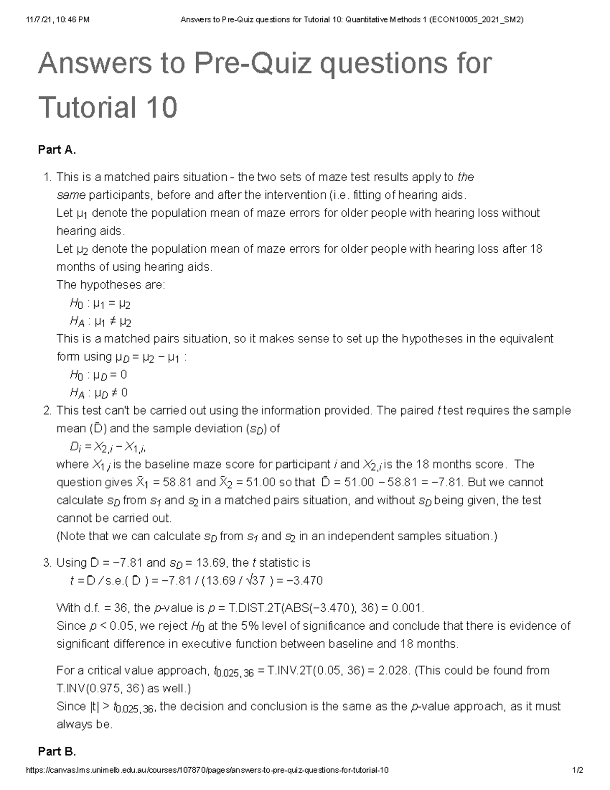 Answers To Pre-Quiz Questions For Tutorial 10 Quantitative Methods 1 ...