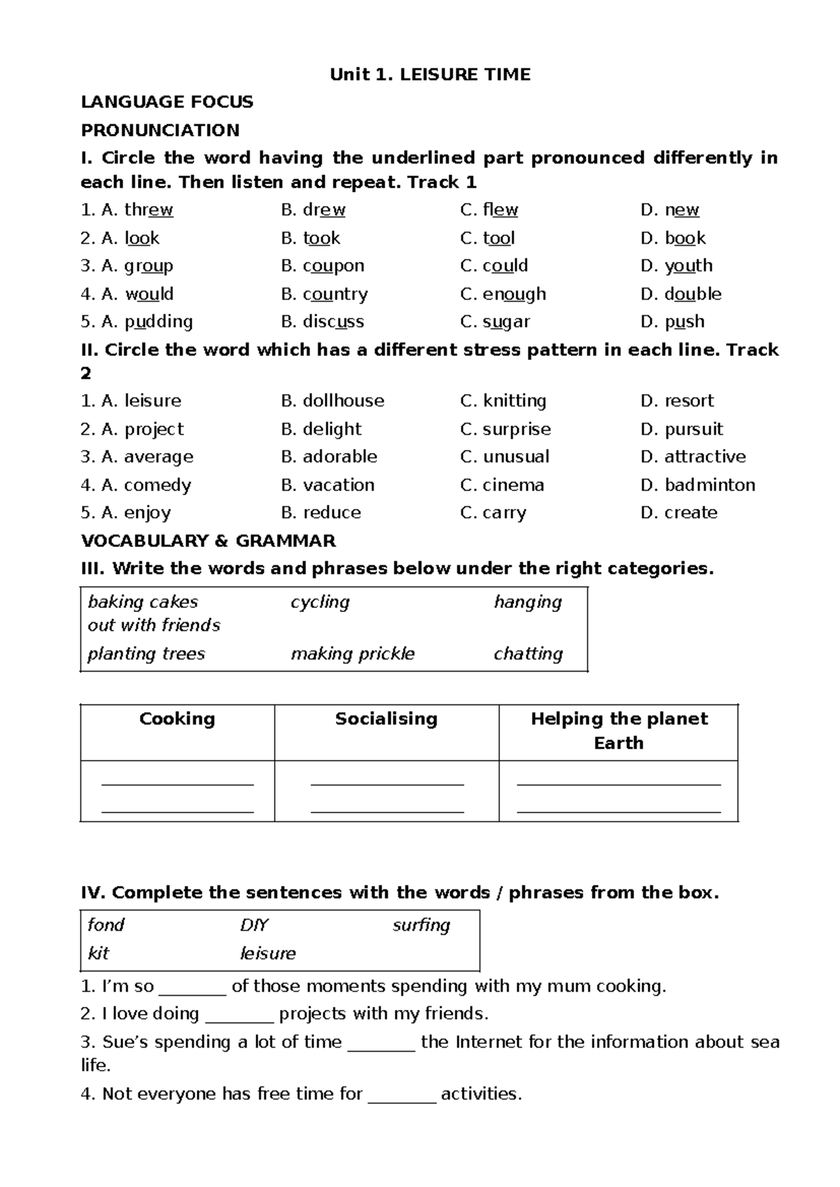 Unit 1 For Grade 8 to review Unit 1 Unit 1. LEISURE TIME LANGUAGE