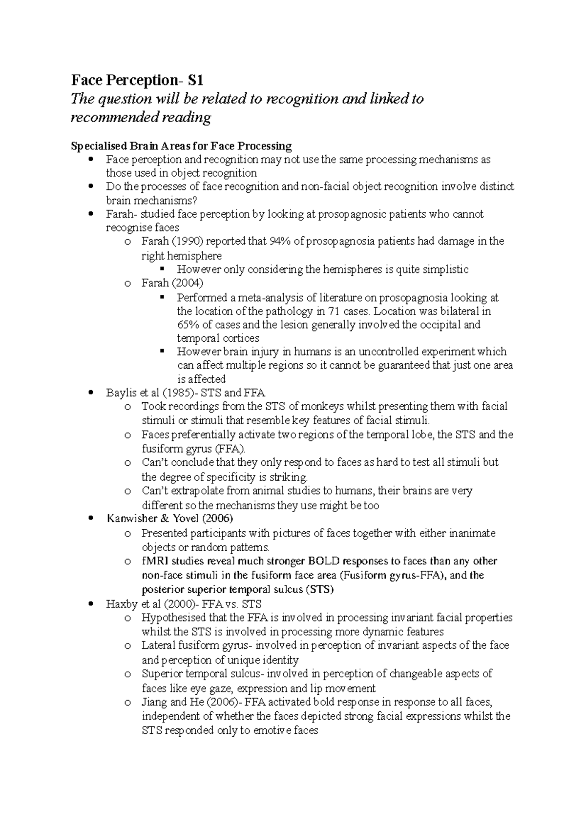 Cognitive Psychology Face Perception Face S1 The question will be