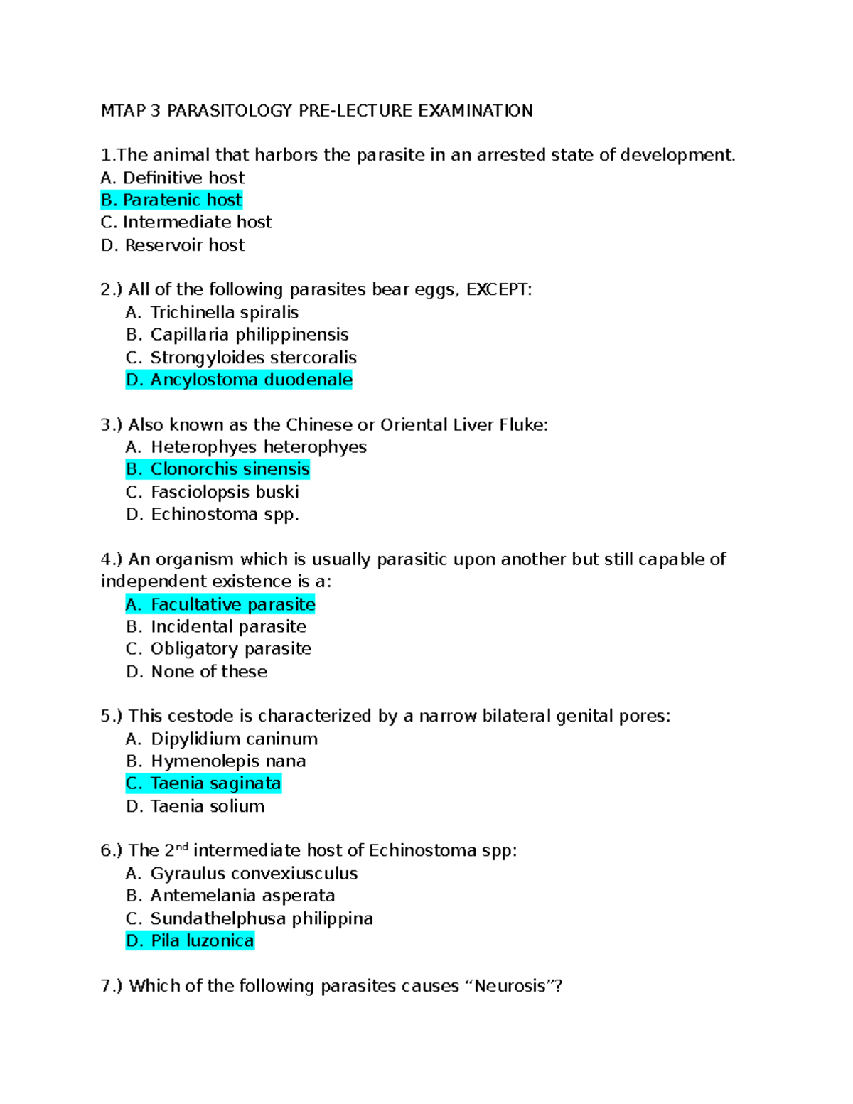 Para pre lec - MTAP 3 PARASITOLOGY PRE-LECTURE EXAMINATION 1 animal ...