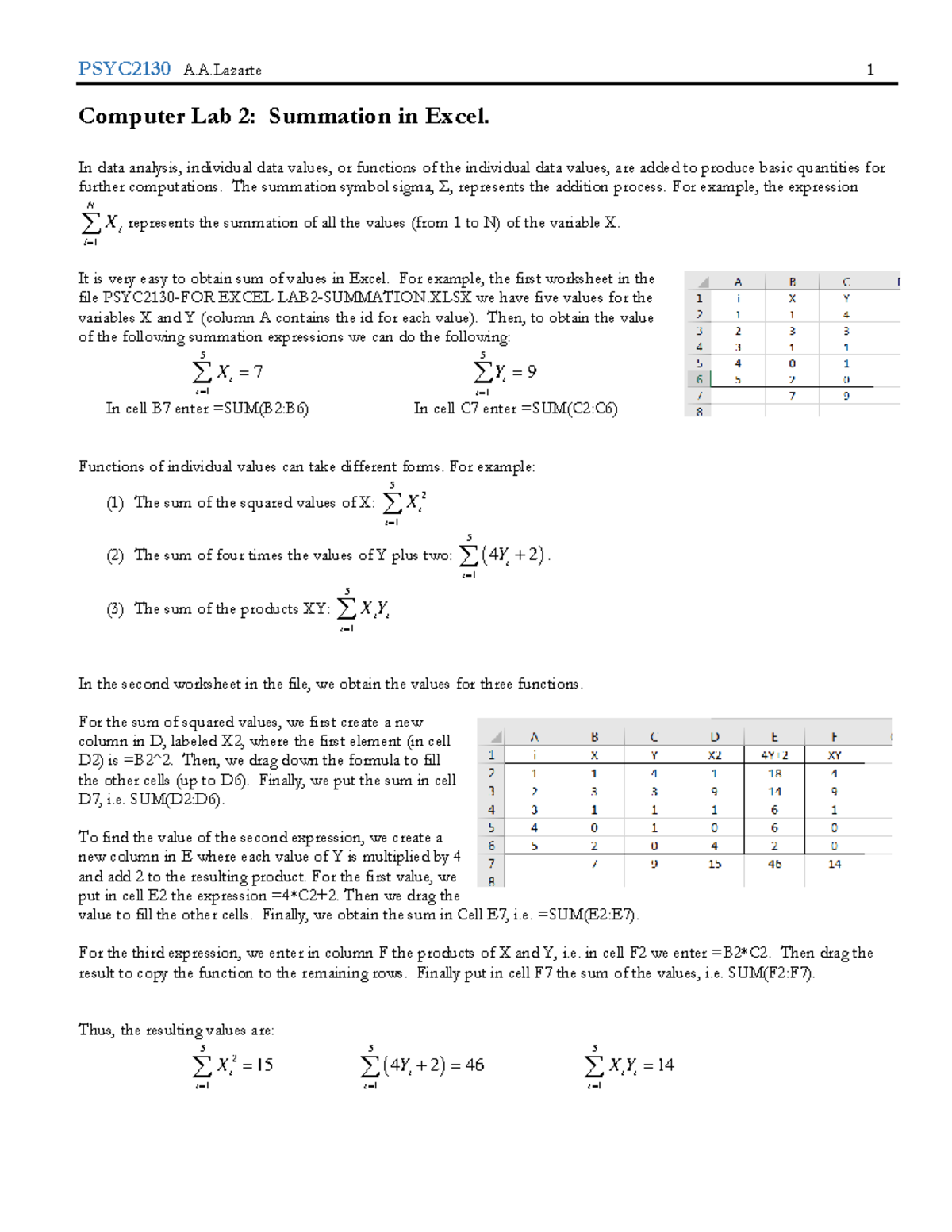 PSYC2130-Computer Lab 2-Summation - PSYC 2130 A.A 1 Computer Lab 2 ...