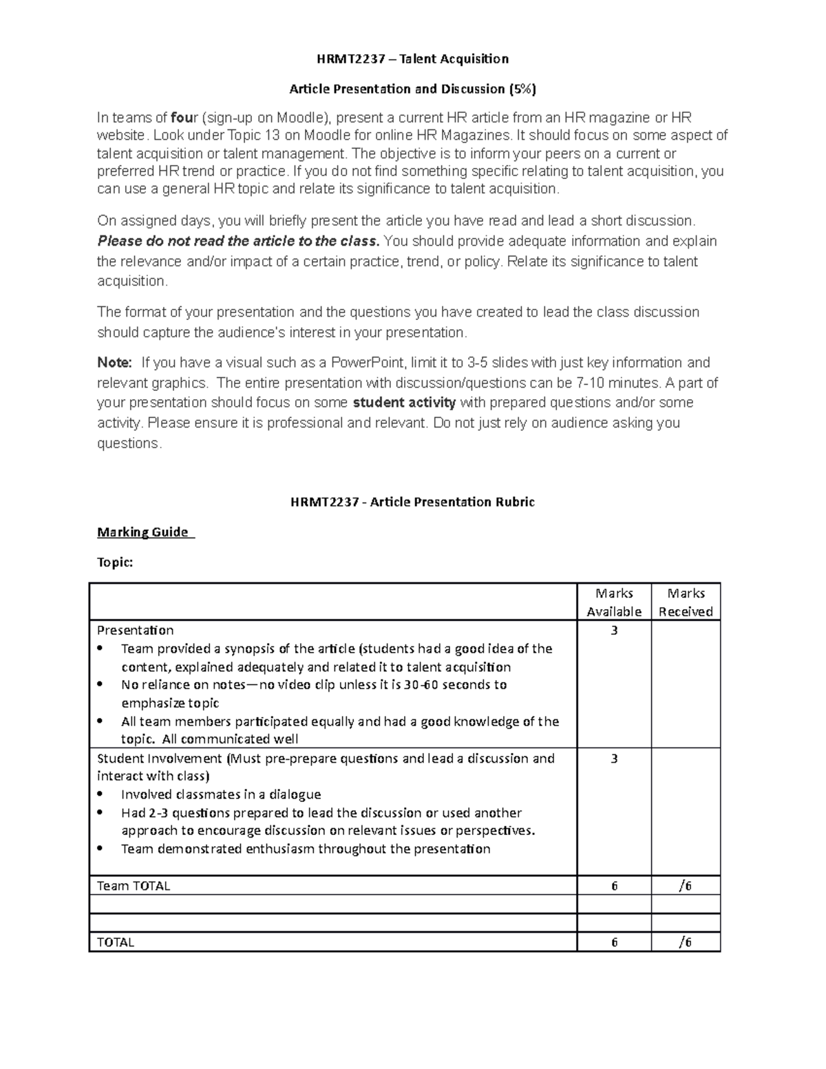 Article Presentation Guidelines 2023 - HRMT2237 – Talent Acquisition ...