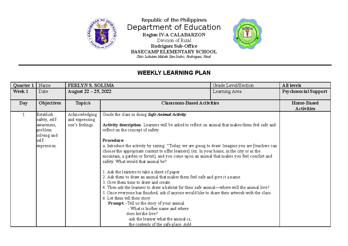 Week 1 Psychosocial WLP - Republic of the Philippines Department of ...