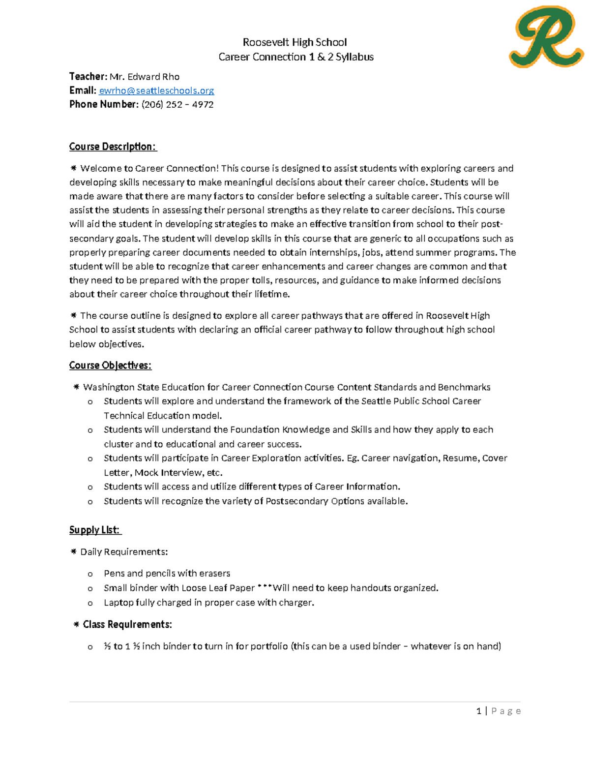 Career Connection 1 & 2 Syllabus - Career Connection 1 & 2 Syllabus ...