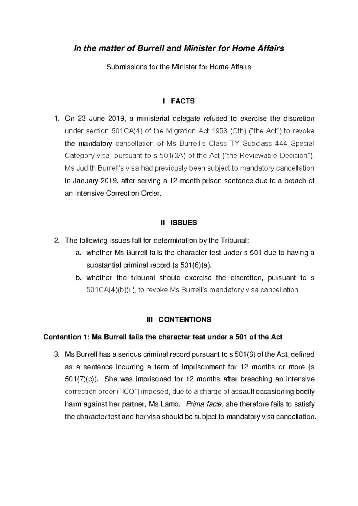 Seminar Five Written submissions exemplar - In the matter of Burrell ...
