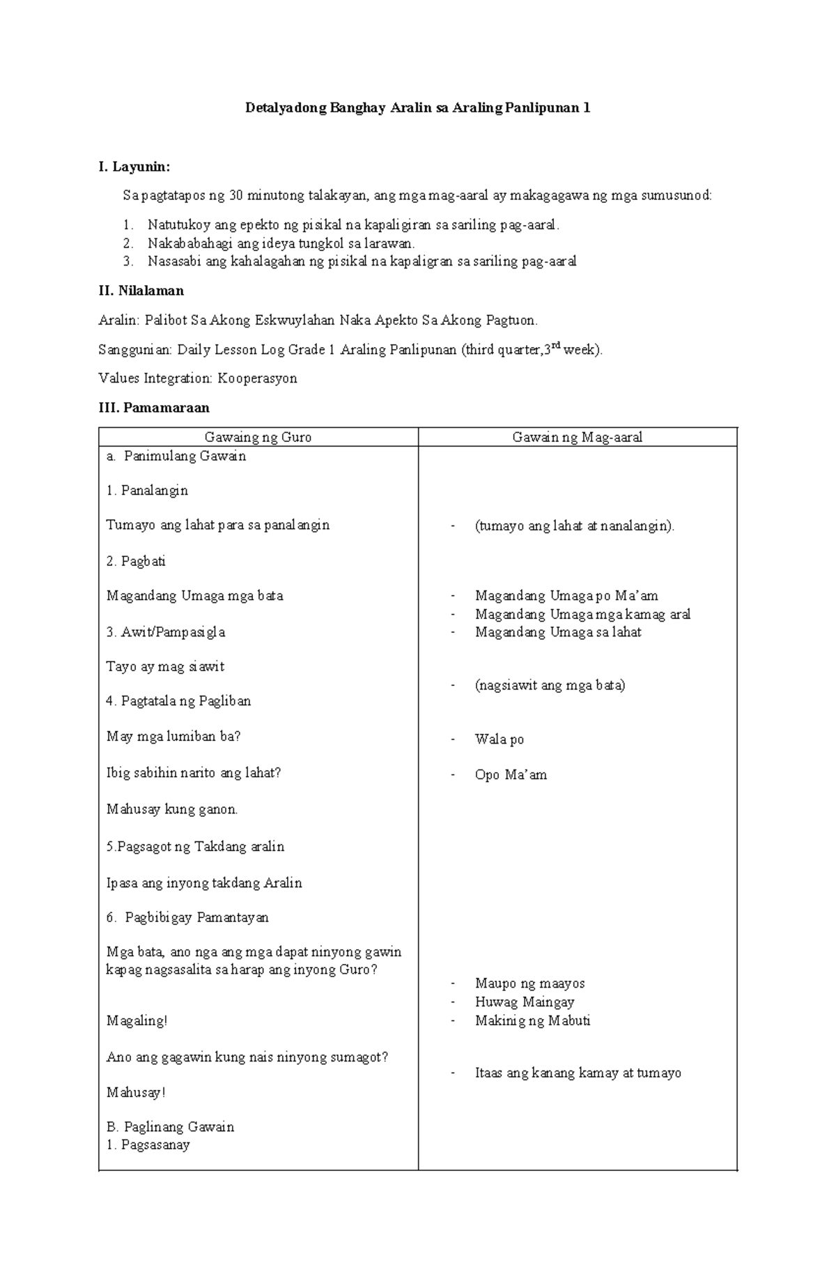 Detailed lesson plan in araling panlipunan 1 week 3 detalyadong