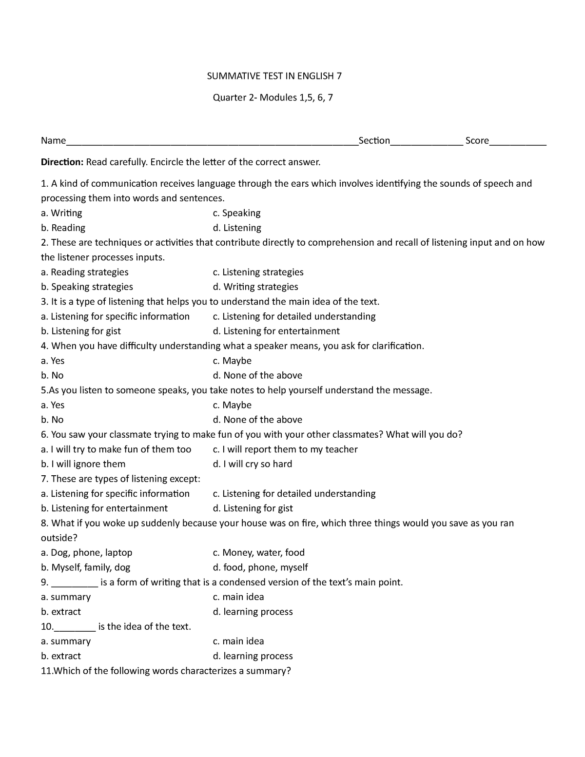 Summative TEST IN English 7 - SUMMATIVE TEST IN ENGLISH 7 Quarter 2 ...