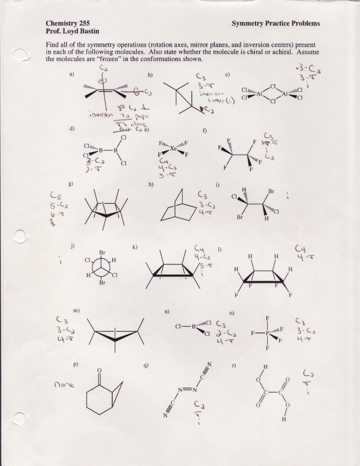 255Symmetry Problems Key - Chemistry 255 Prof. Loyd Bastin Symmetry ...