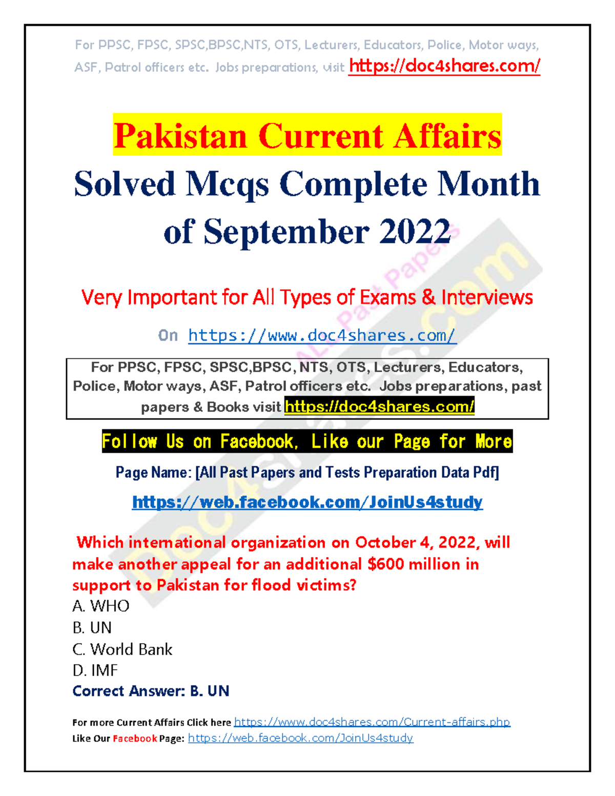 Pakistan Current Affairs Solved Mcqs Complete Month of September 2022 ...