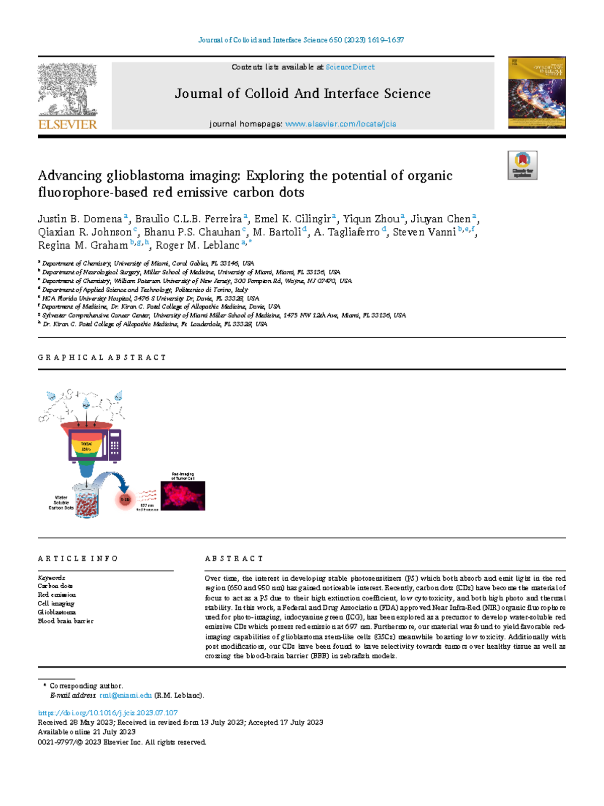 R-CDs Article - Journal of Colloid and Interface Science 650 (2023 ...
