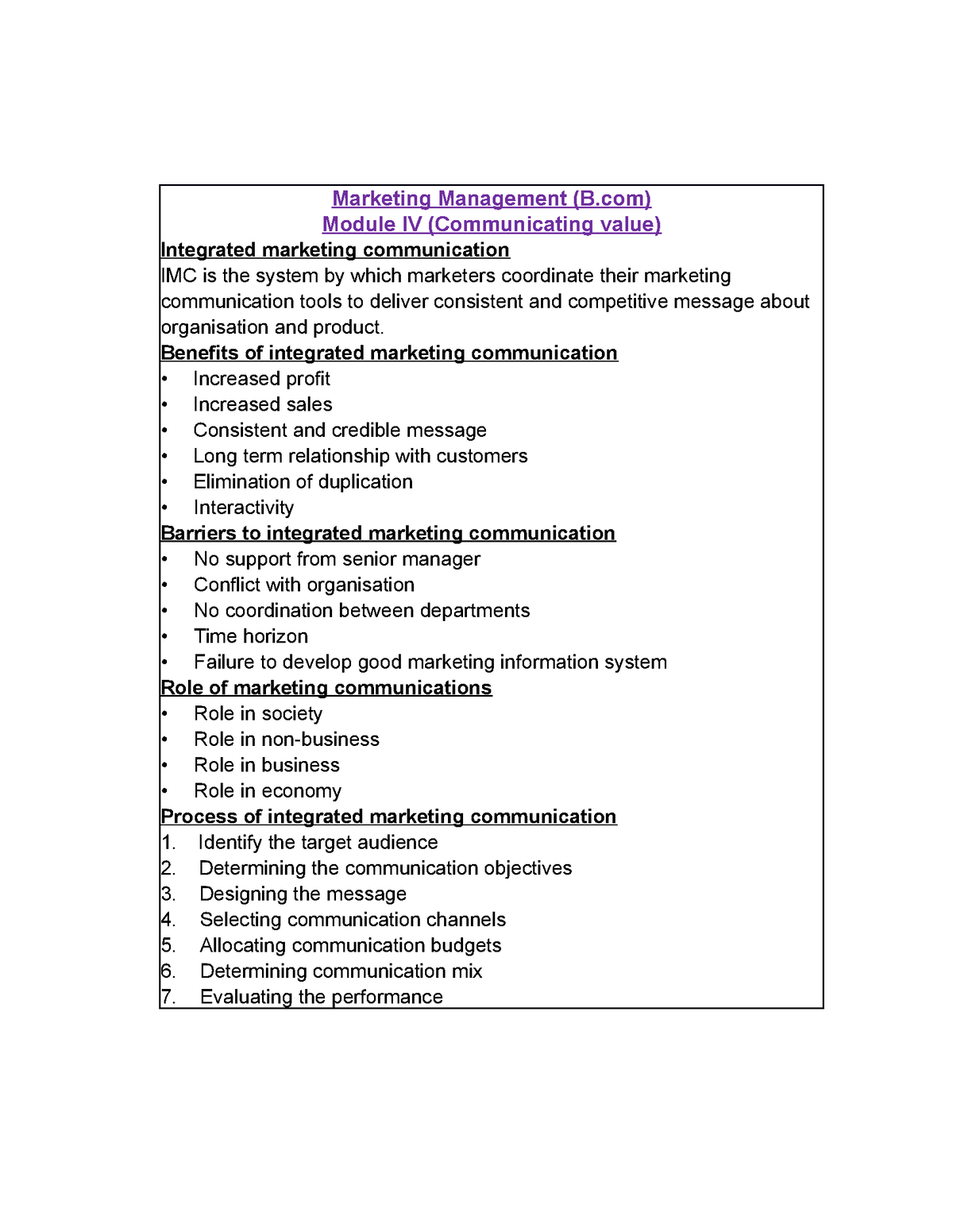 Marketing Bcom Module 4 - Marketing Management - Studocu