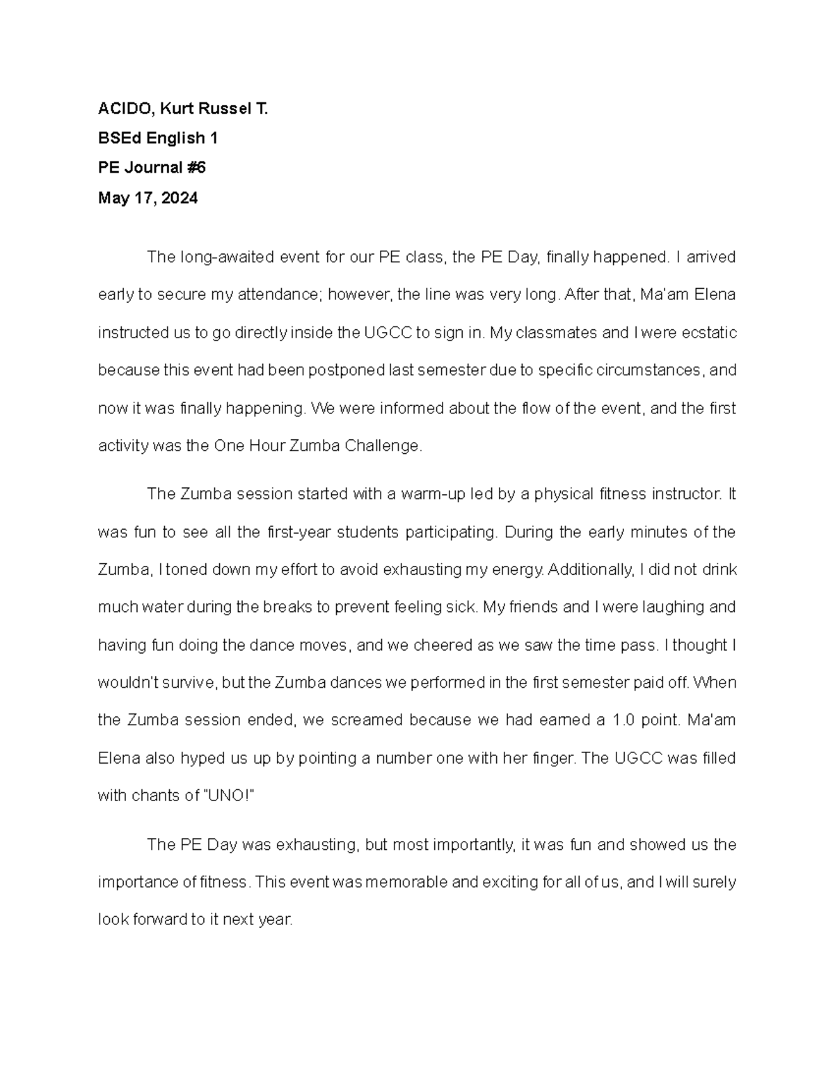 Acido Journal 6 Summary Physical Fitness Activities ACIDO, Kurt