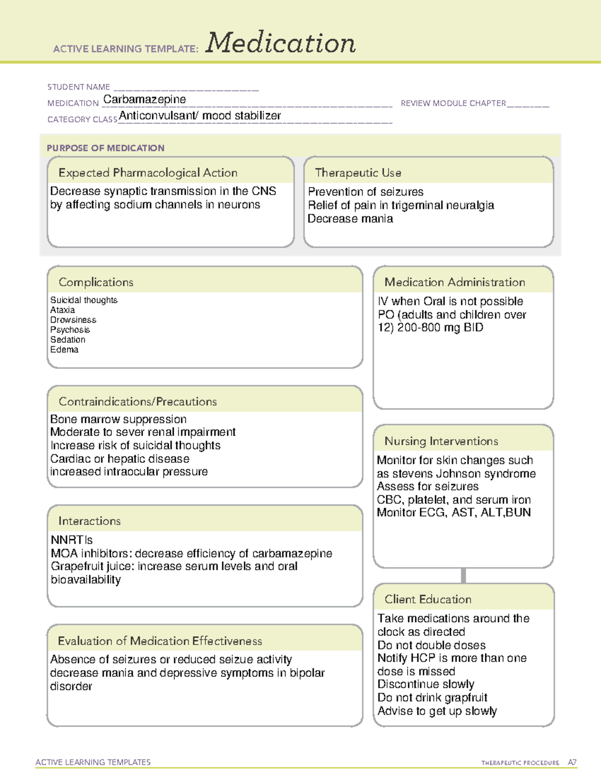 Carbamazepine Medication ACTIVE LEARNING TEMPLATES THERAPEUTIC