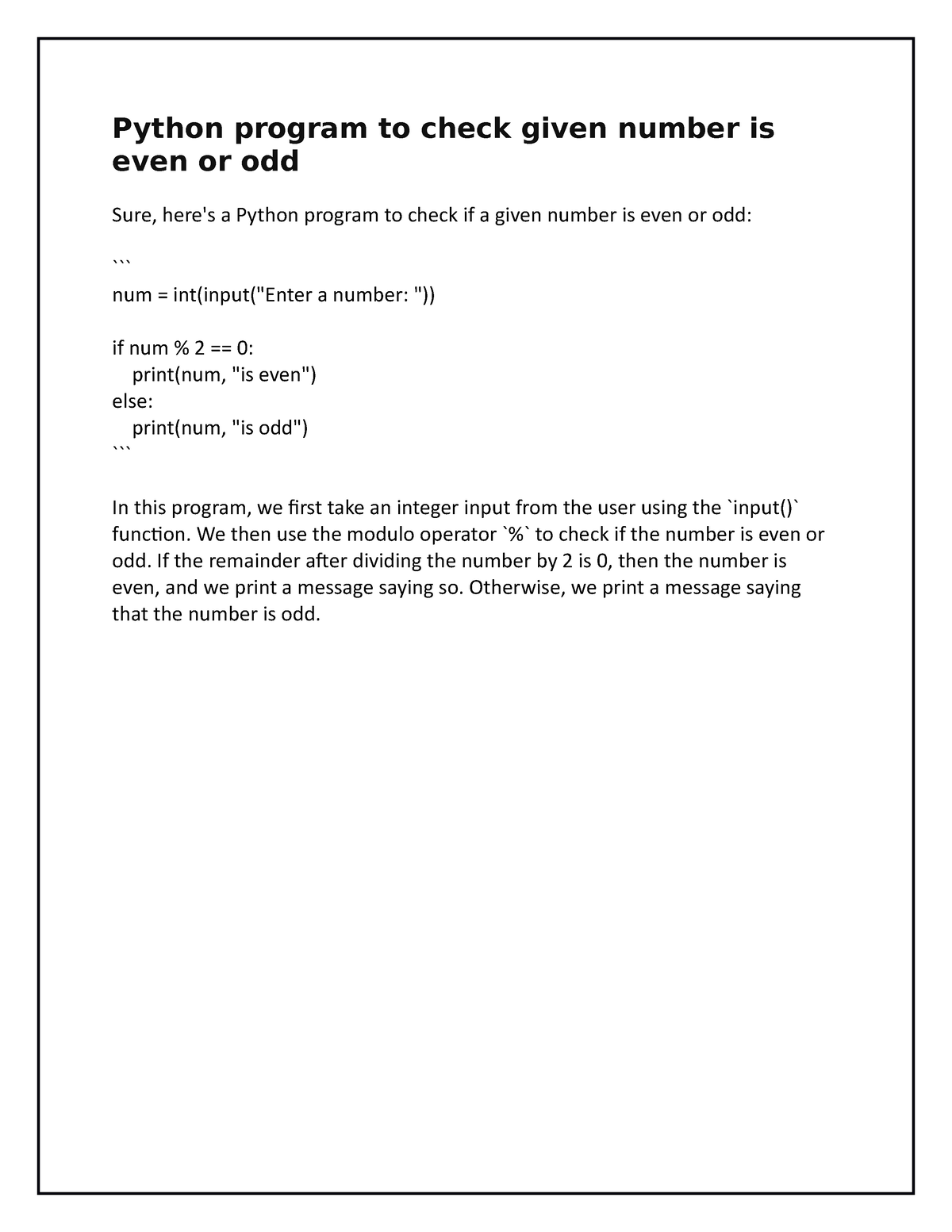 Python Lab Manual - Python Program To Check Given Number Is Even Or Odd ...