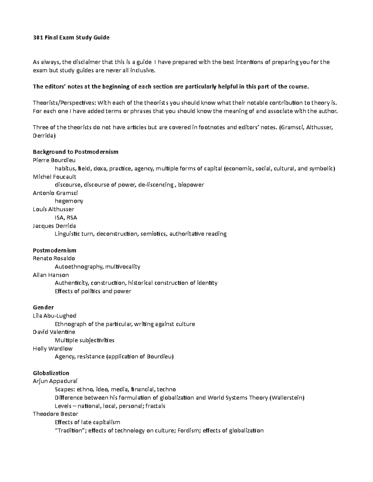 Study Guide for Final Exam - 301 Final Exam Study Guide As always, the ...