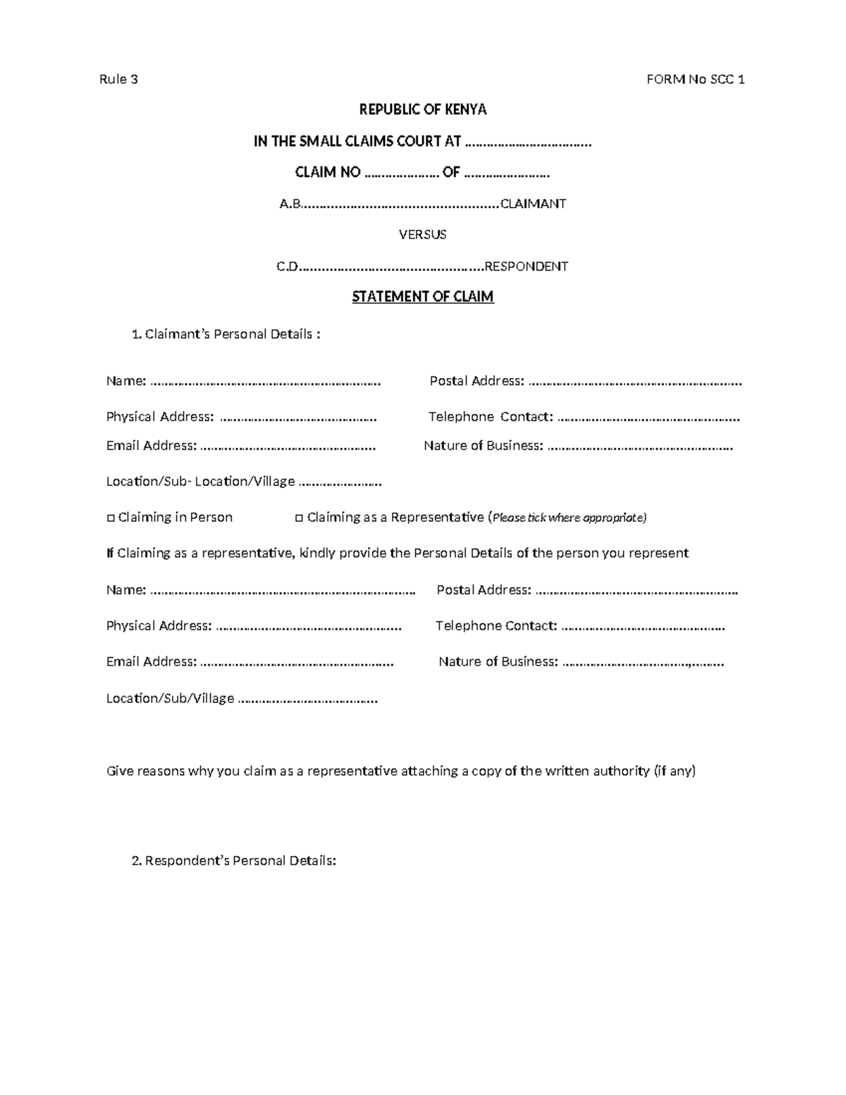 05 Small Claims Court Forms - Rule 3 FORM No SCC 1 REPUBLIC OF KENYA IN ...