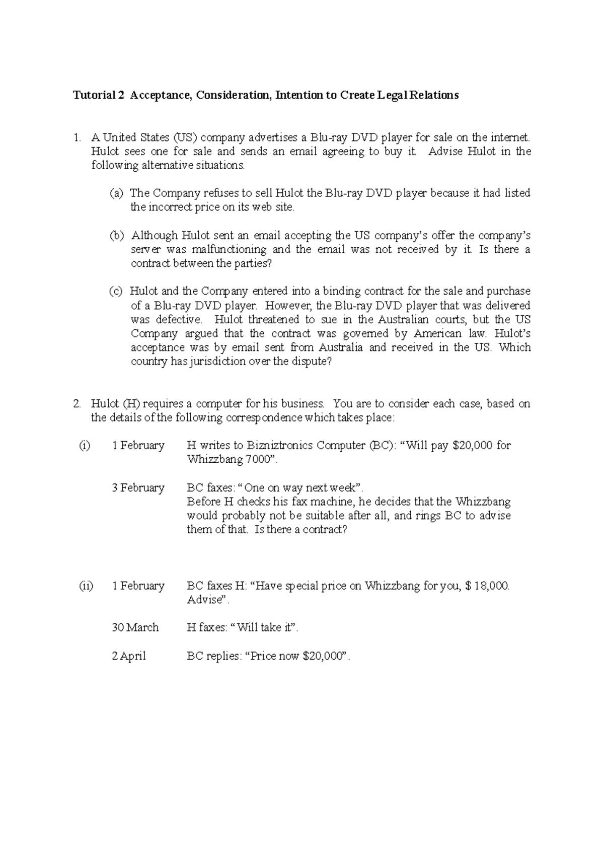 Tutorial 2 Acceptance - Law - Tutorial 2 Acceptance, Consideration ...