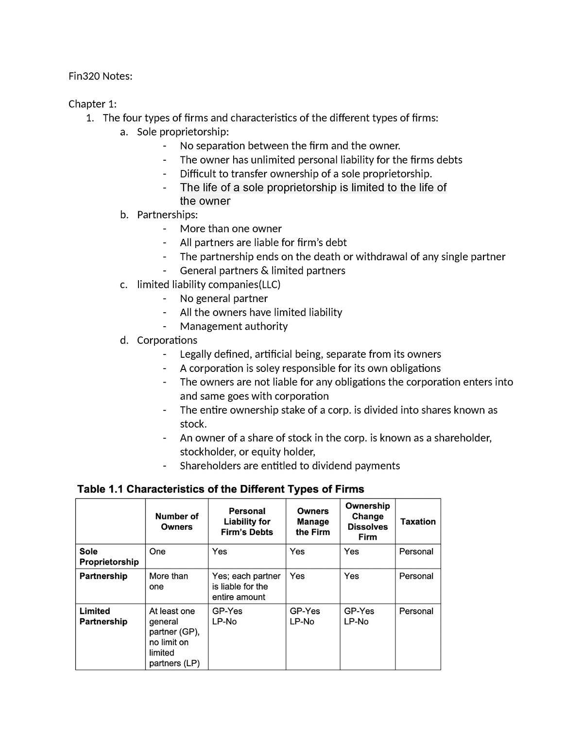 Fin320 Ch1-4 Notes - Fin320 Notes: Chapter 1: 1. The Four Types Of ...