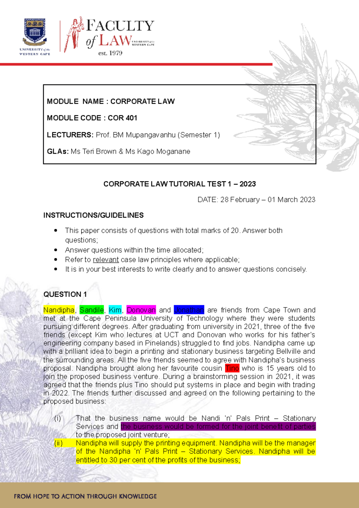 Tutorial TEST 1 COR 401 2023 - MODULE NAME : CORPORATE LAW MODULE CODE ...
