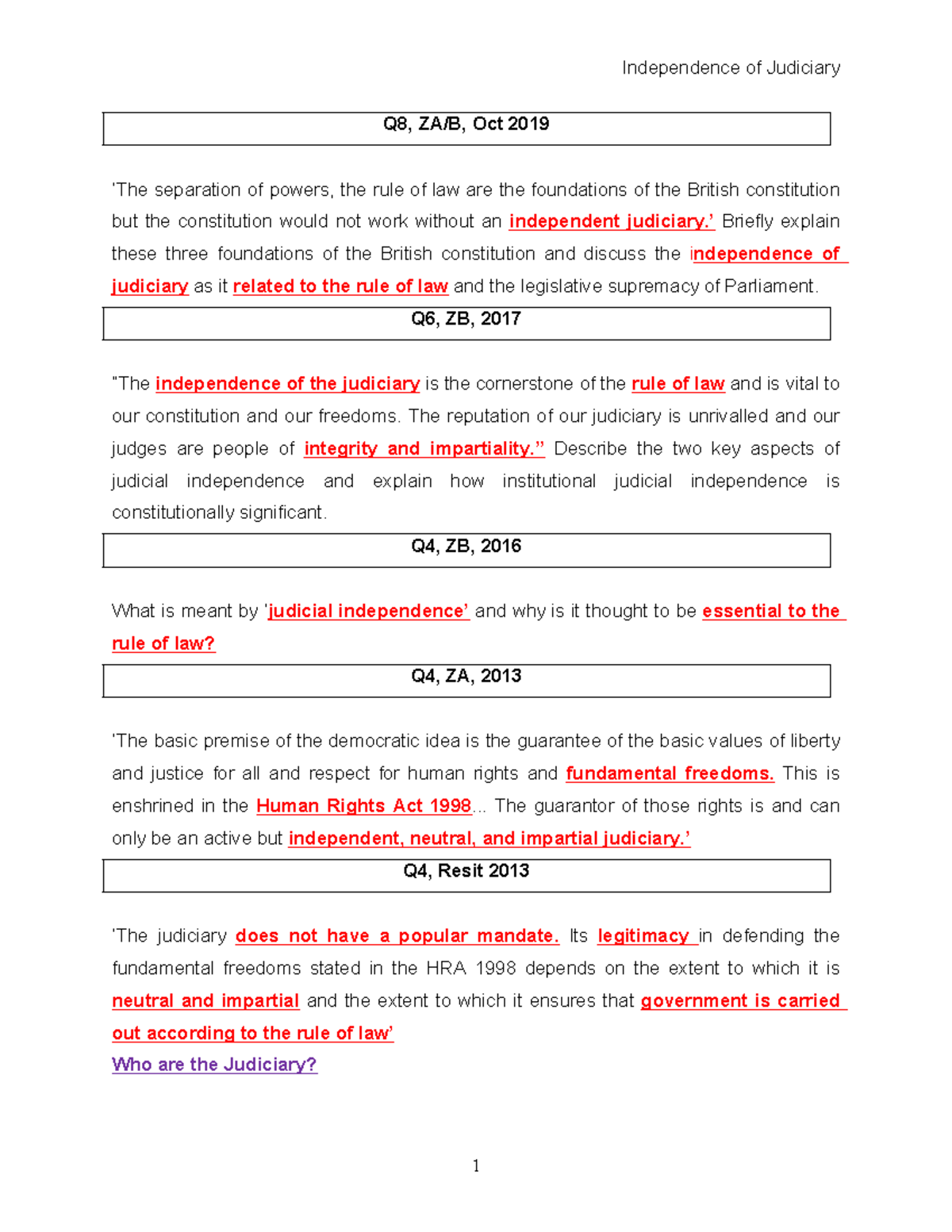 Independence OF Judiciary - Q8, ZA/B, Oct 2019 ‘The Separation Of ...