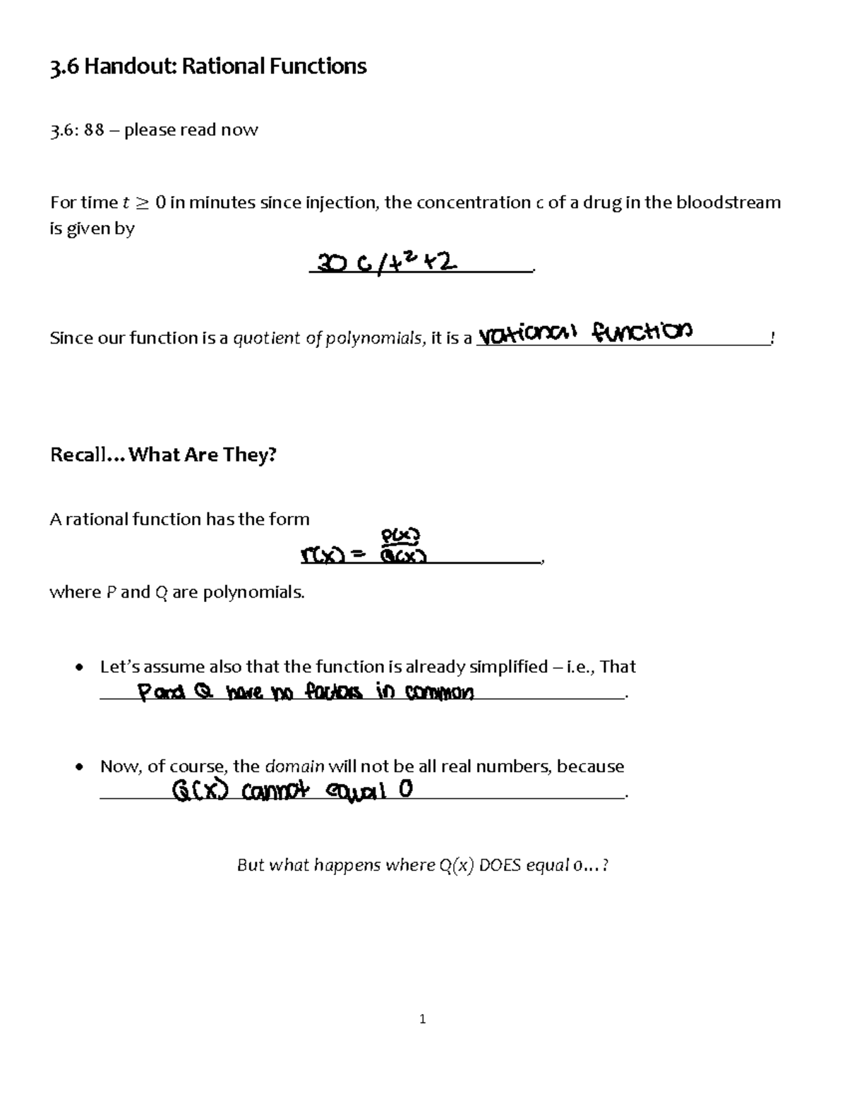 3.6 Prof. Jennifer Davis 1 3 Handout Rational Functions 3 88