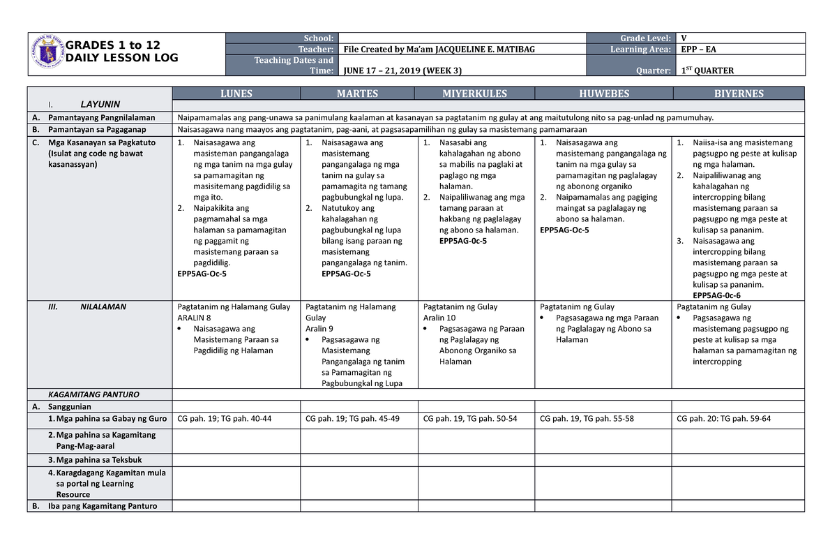 DLL EPP 5 Q1 W3 - REFERENCE - GRADES 1 To 12 DAILY LESSON LOG School ...