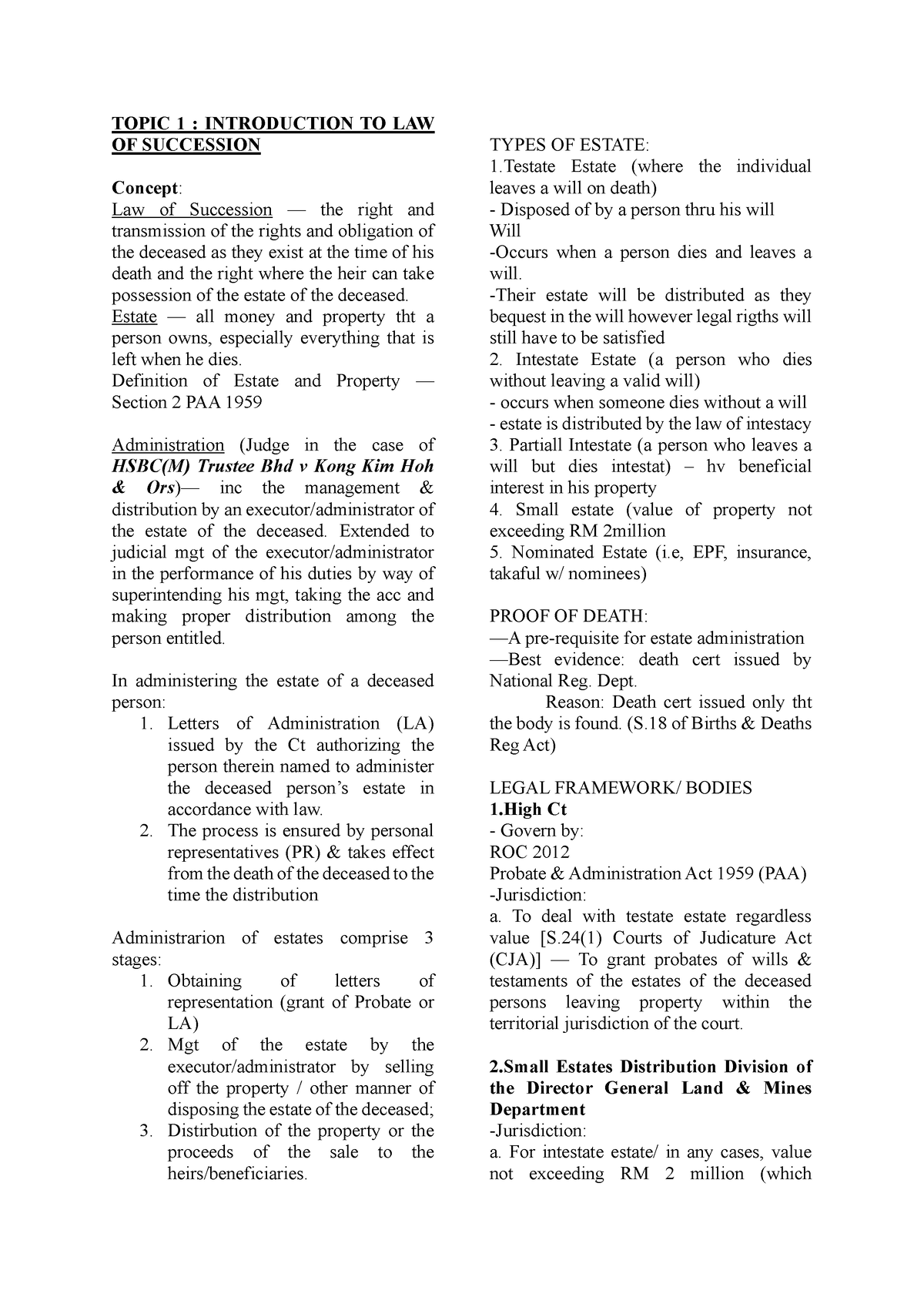 Succession AND Probate Notes - TOPIC 1 : INTRODUCTION TO LAW OF 