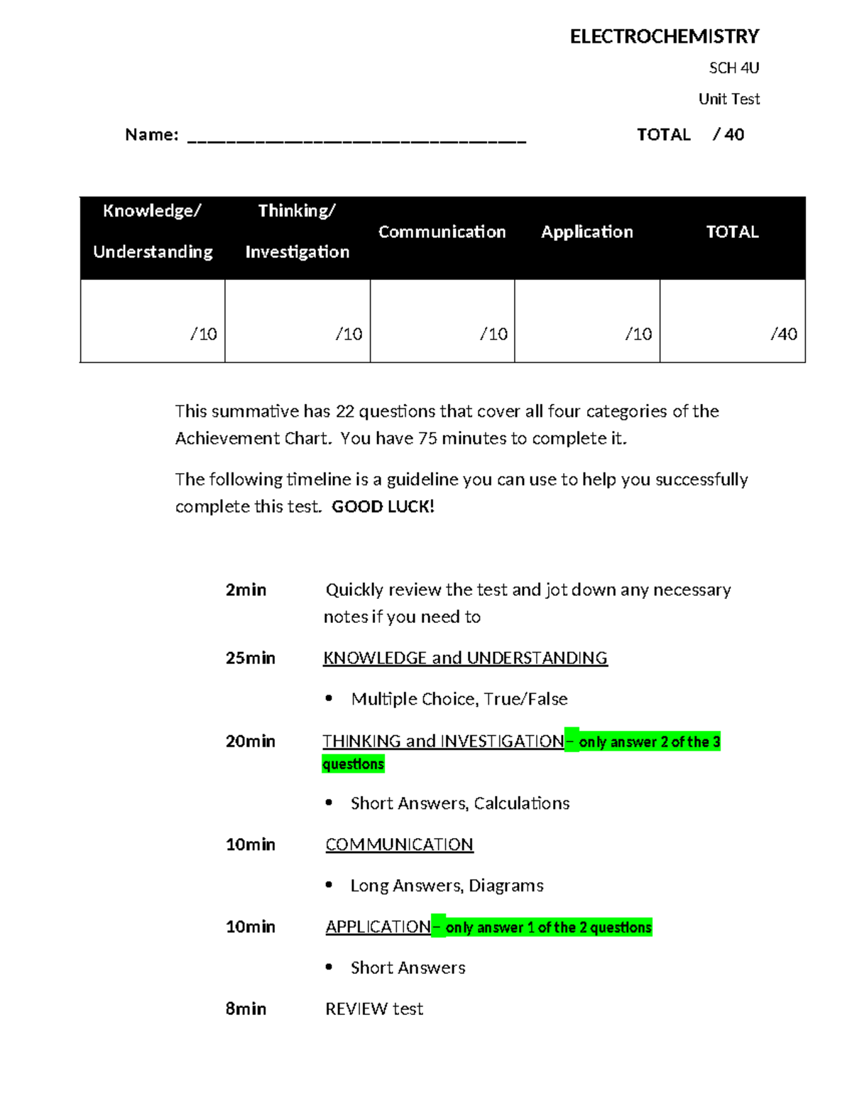 SCH4U - Electrochemistry Exam Review- Unit Test and Answers ...