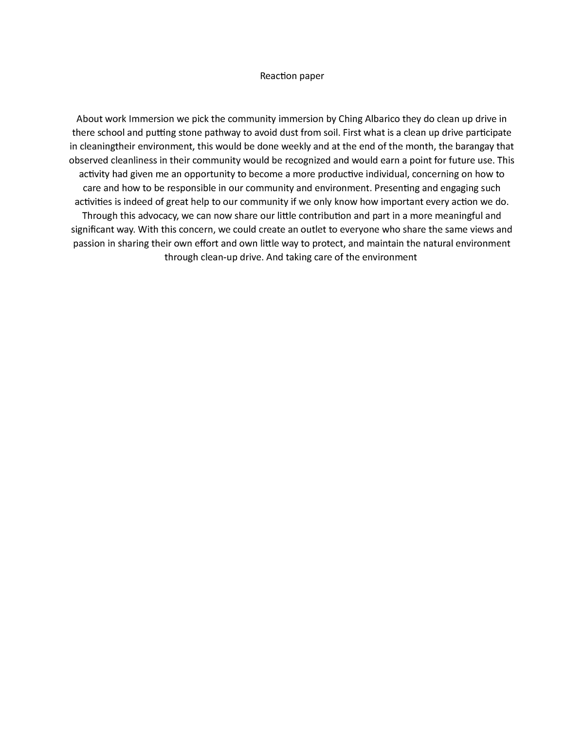 Reaction Paper ABOUT CLEANING - Reaction paper About work Immersion we ...