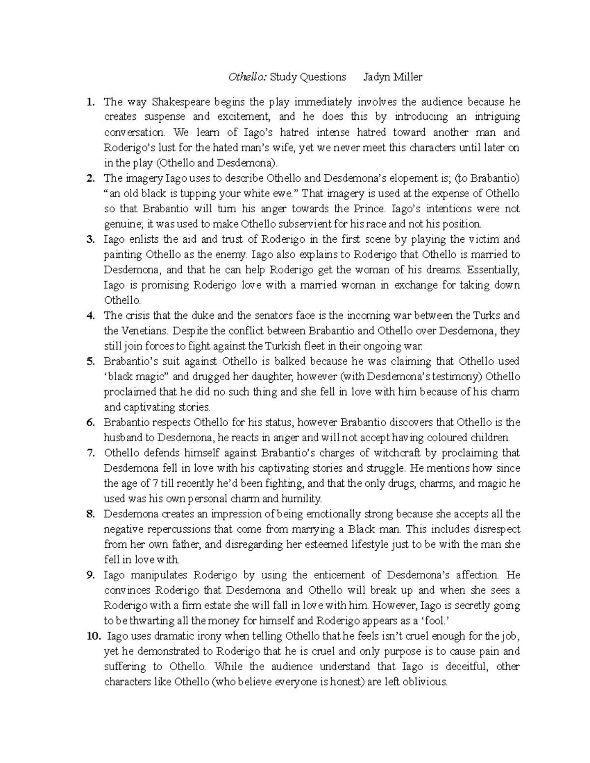 Othello Study Questions Studying Act I Othello Study Questions