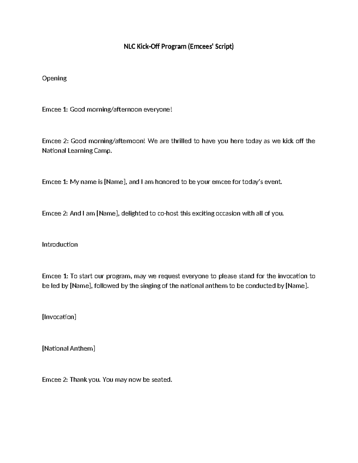 NLC Kick-Off Emcee Script - NLC Kick-Off Program (Emcees' Script ...