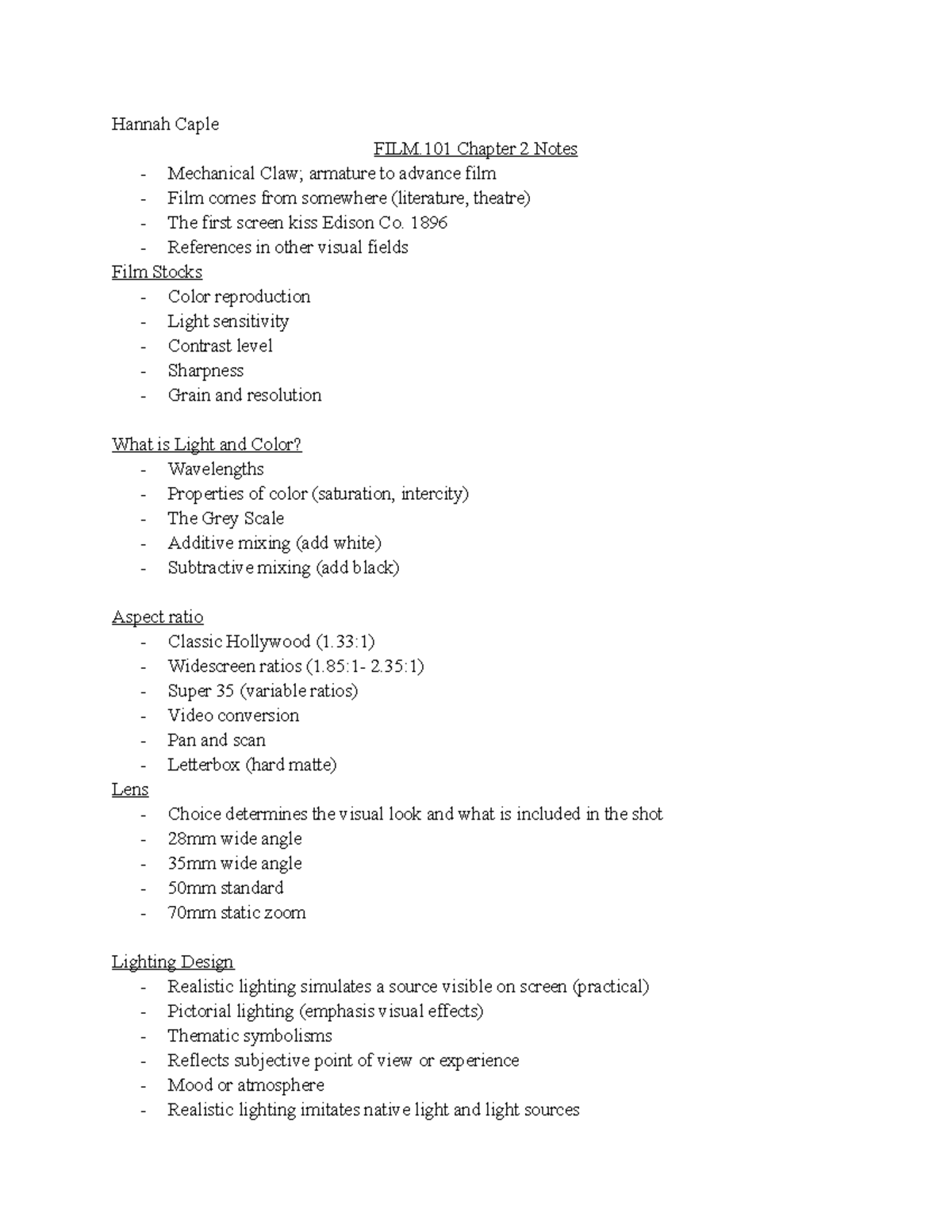 FILM.101 Ch. 2 Notes Hannah Caple FILM Chapter 2 Notes Mechanical