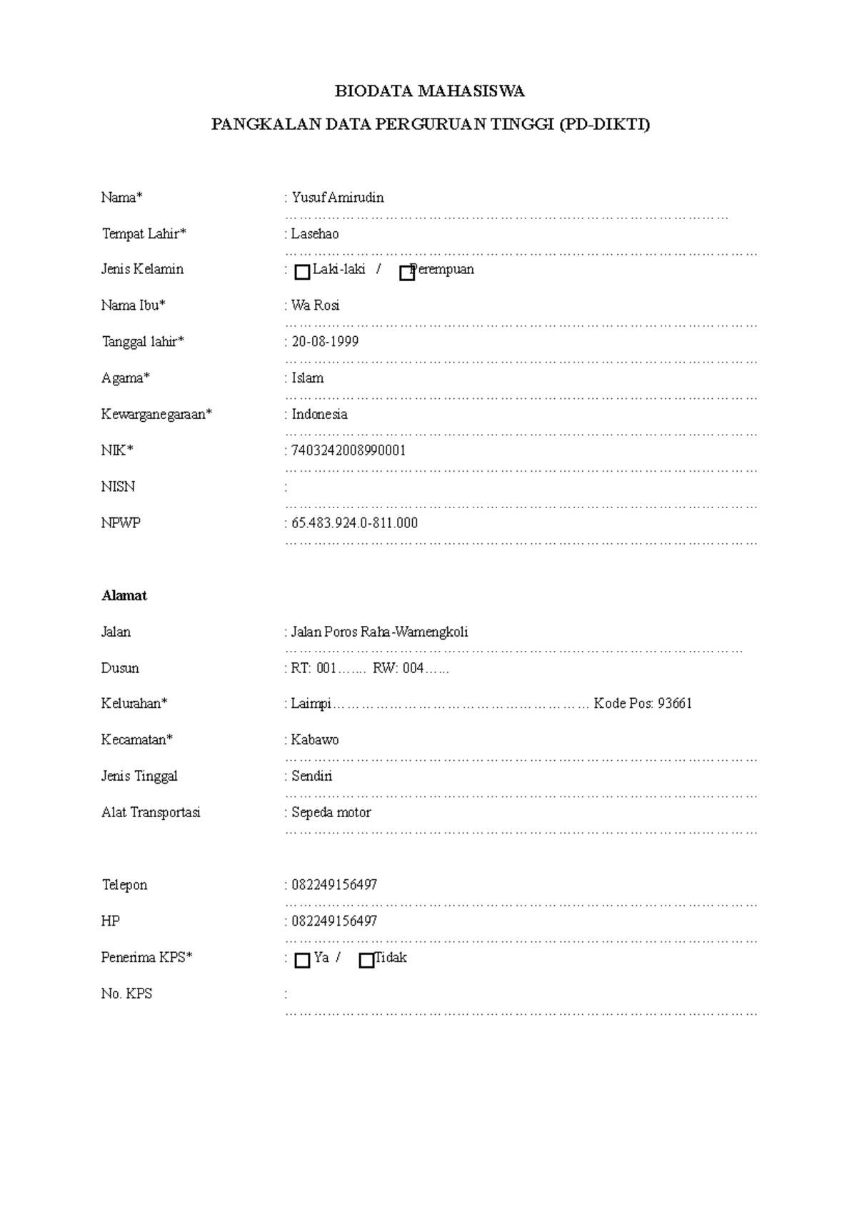 FORM Biodata Lapor DIRI PDPT PD Dikti - BIODATA MAHASISWA PANGKALAN ...