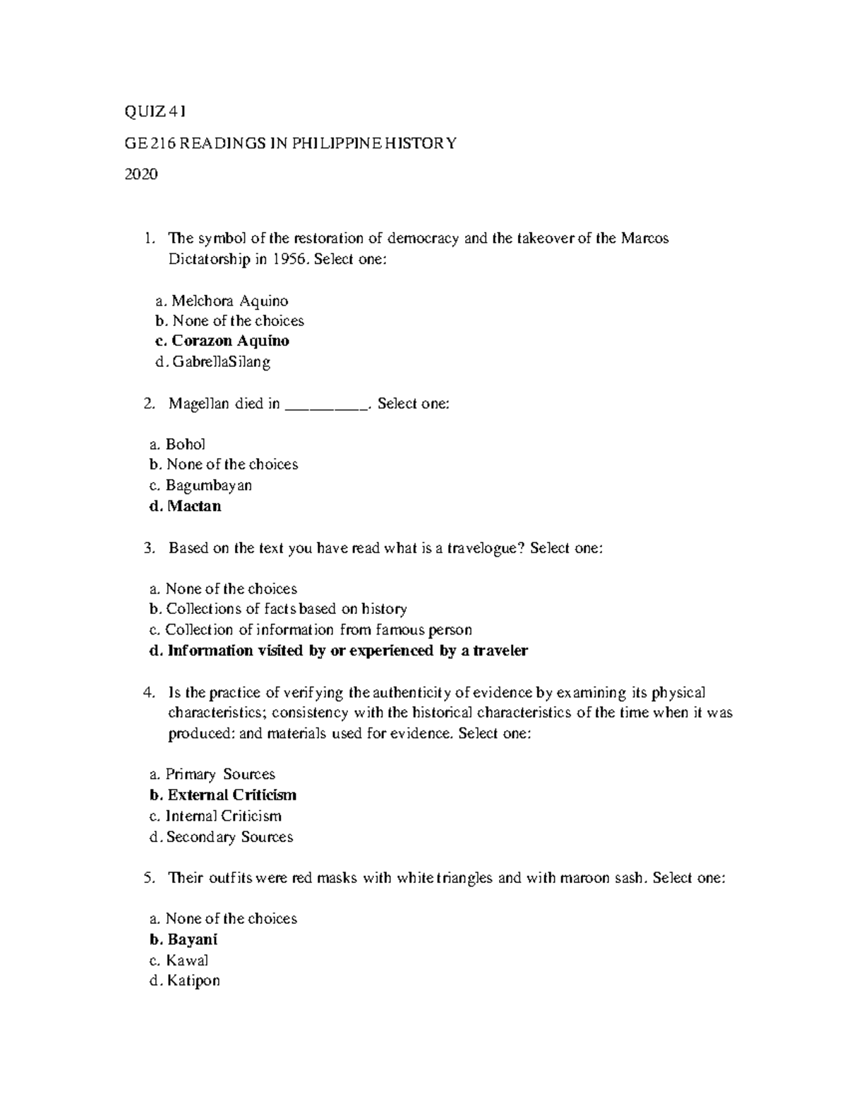 Readings In Philippine History Quiz 4 Part 1 - QUIZ 4 I GE 216 READINGS ...