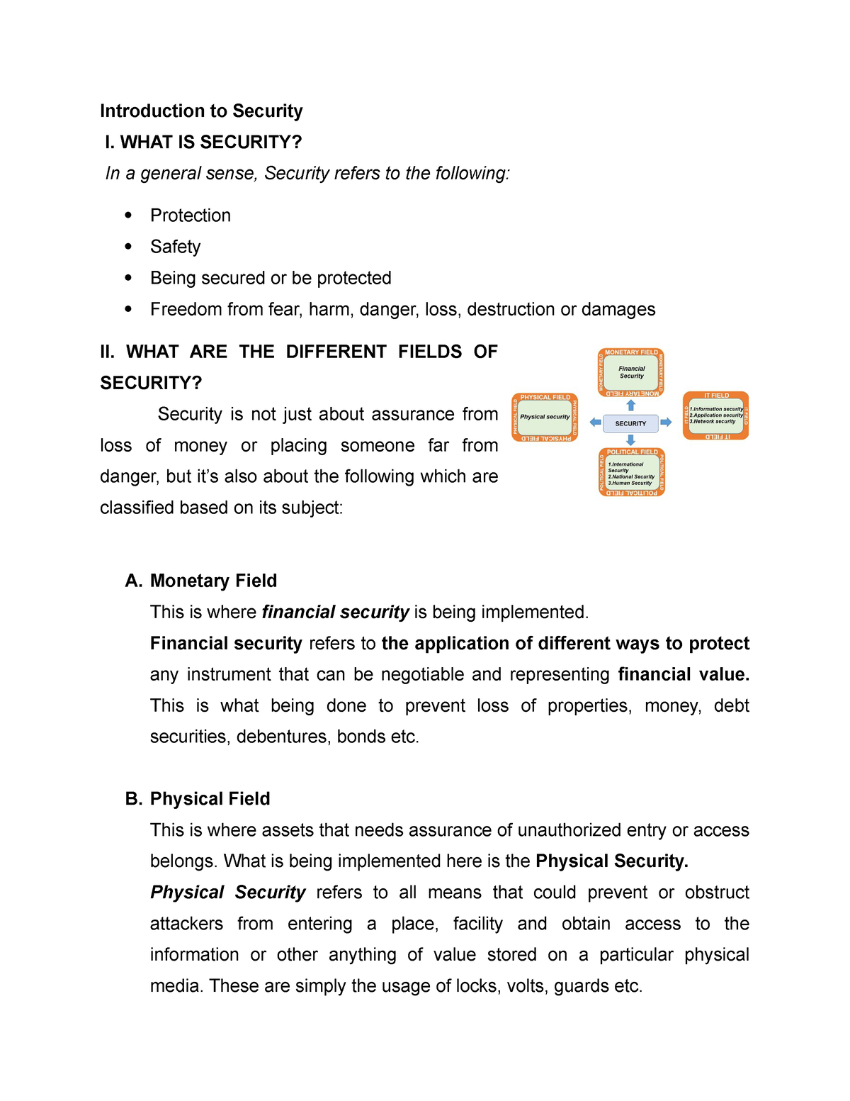 Introduction To Security WHAT IS SECURITY In A General Sense 