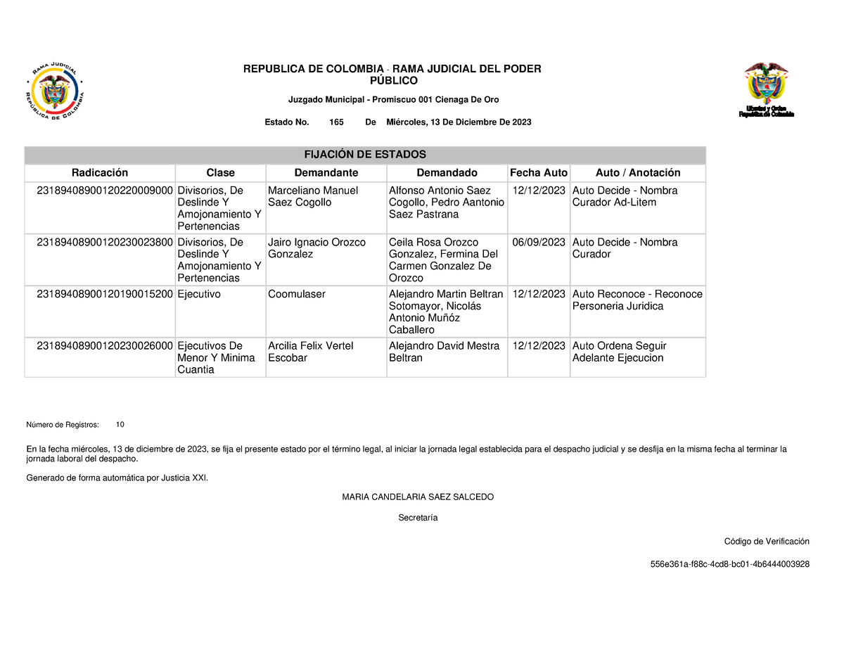 Juzgado Municipal - Promiscuo 001 Cienaga De Oro 13-12-2023 - FIJACIÓN ...