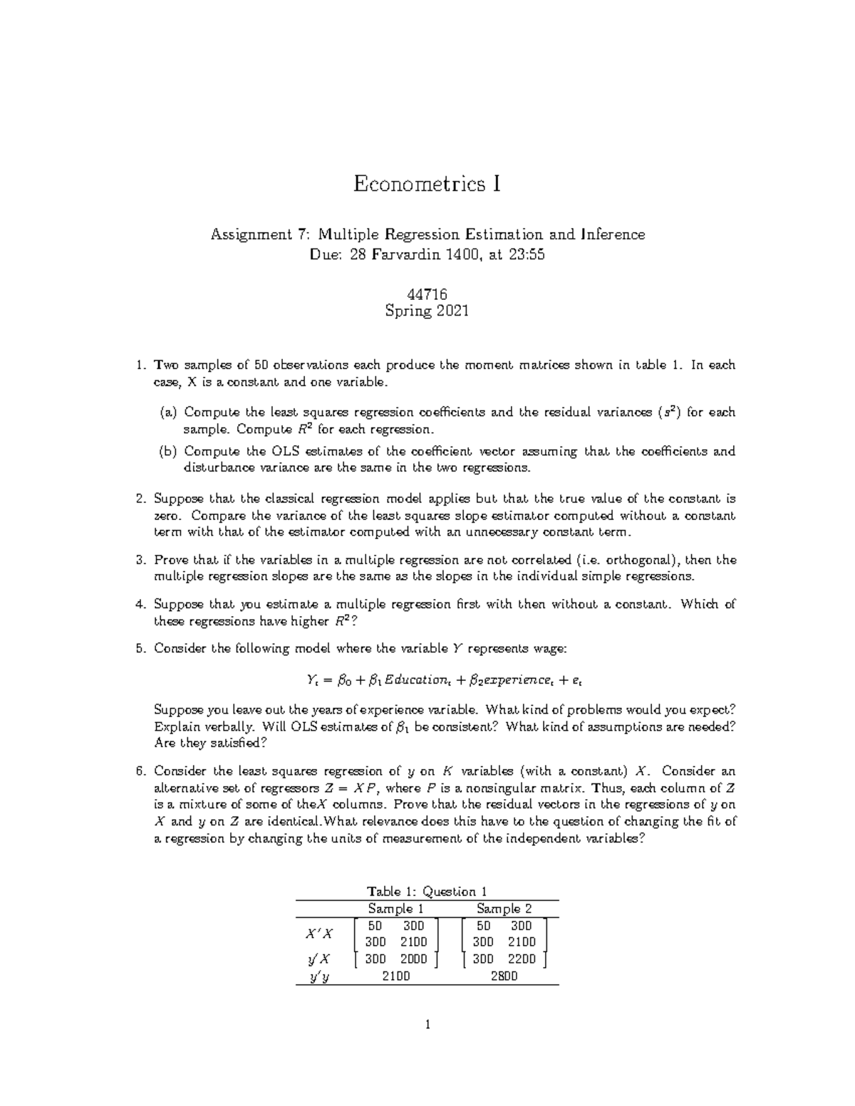 PS07 - econometrics - Econometrics I Assignment 7: Multiple Regression ...