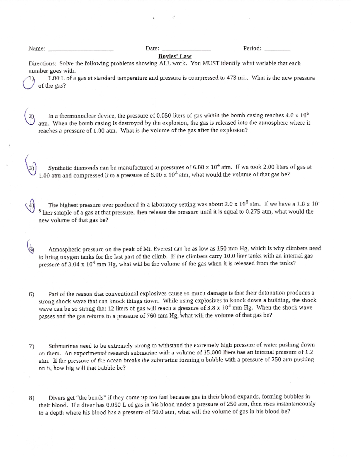 Boyles Worksheet - Answers Show Work - Chem 060 - Studocu