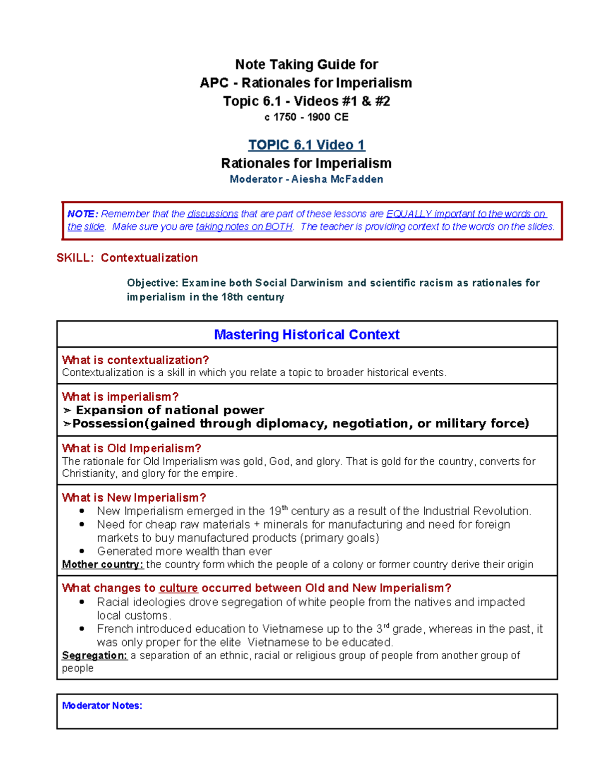 APC Topic 6.1 #1 &amp; # 2 - Rationales for Imperialism (Repaired 