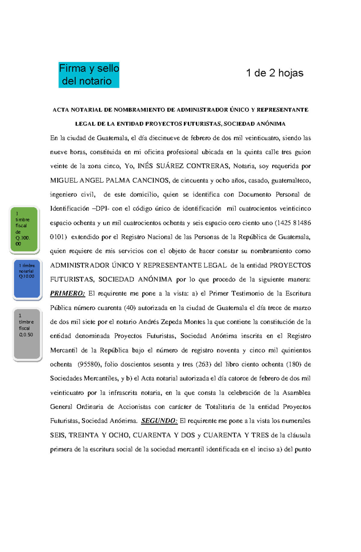 5 Acta Notarial Nombramiento Administrador único Sociedad Anónima