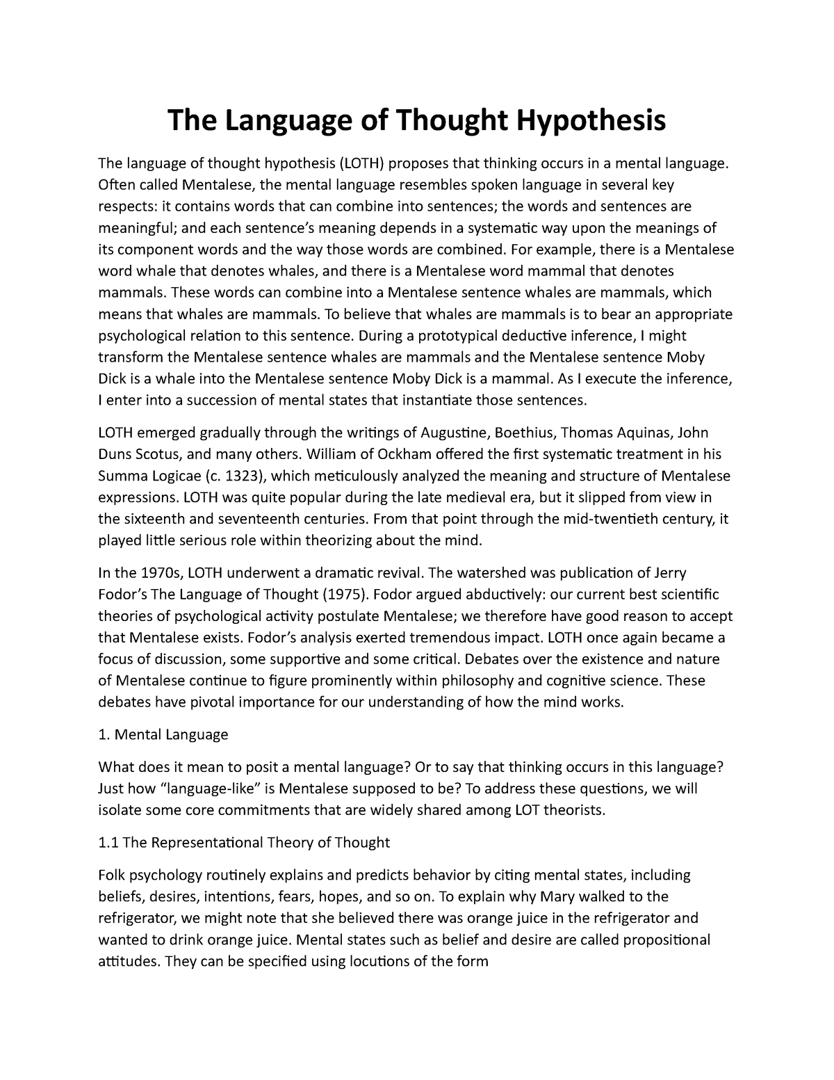 language of thought hypothesis summary