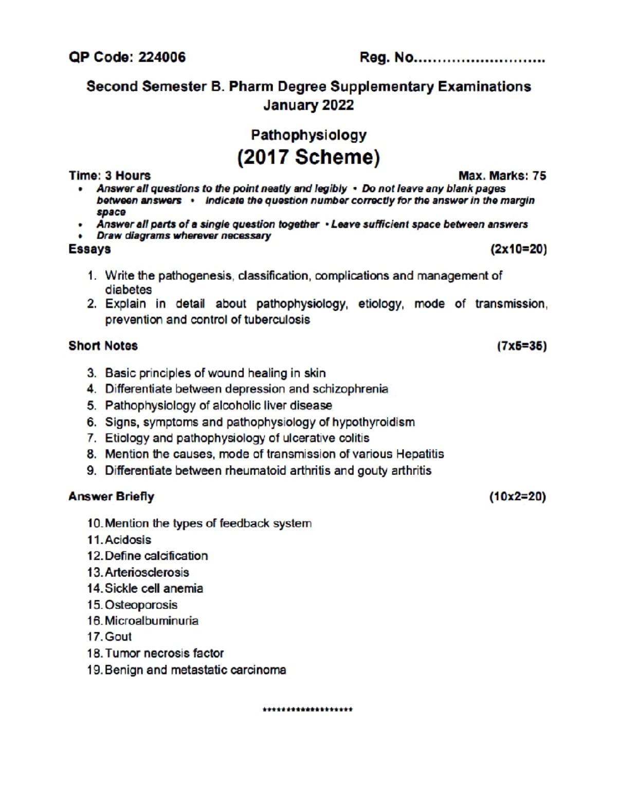 Pathophysiology qstnppr - QP Code: 224006 Reg. NO... ****** Second ...