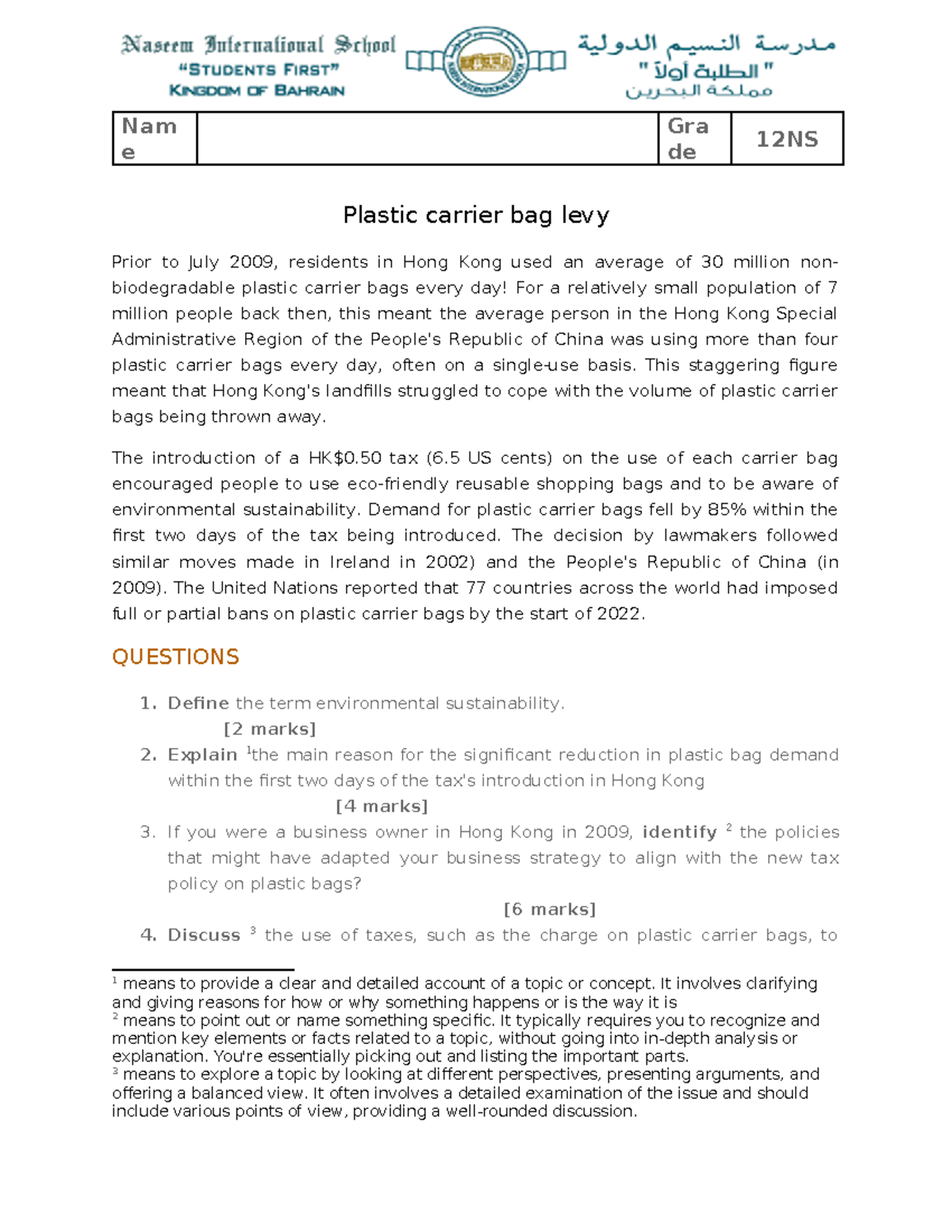Class Activity Plastic carrier bag levy Page 479 Nam e Gra de 12NS