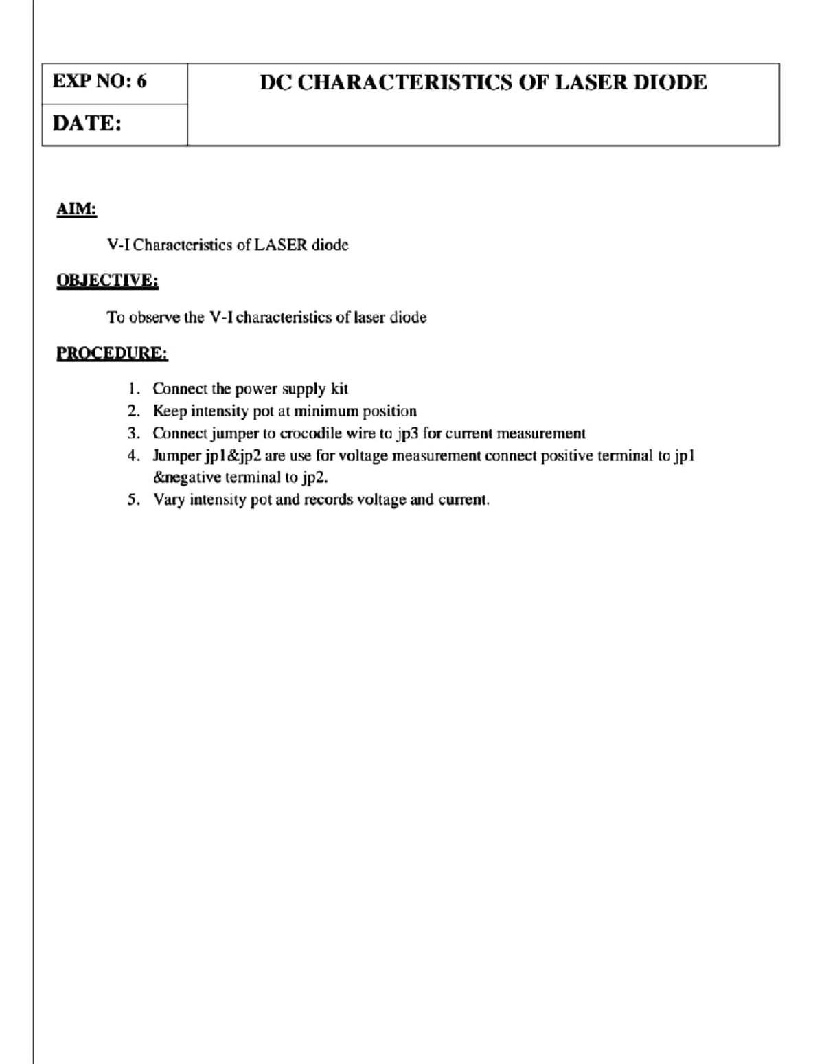 DC characteristics of Laser diode (Lab experiment) EXP NO 6 DC