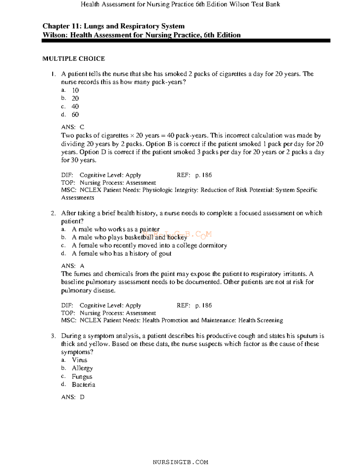 11 - Practice nursing assessment questions test bank. - NURSINGTB ...