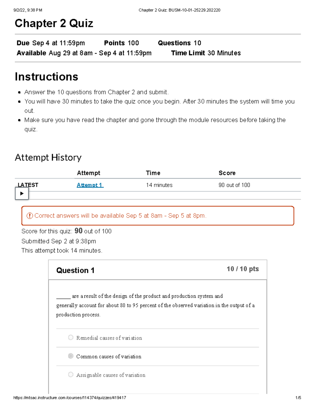 Chapter 2 Quiz BUSM-10. 1st 90% - Chapter 2 Quiz Due Sep 4 at 11:59pm ...