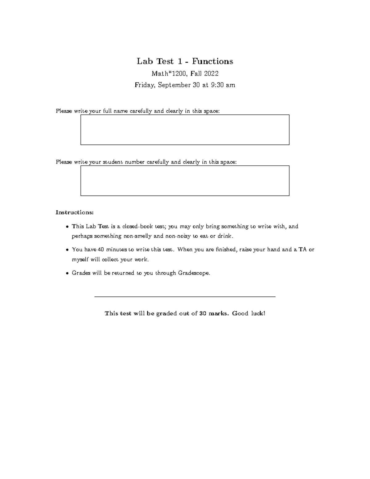 Lab Test 1 - 2022 - Corrected - Lab Test 1 - Functions Math*1200, Fall ...